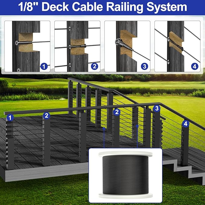 BLIKA 500FT 1/8" Black Stainless Steel Cable with Cutter, T316 Marine Grade, Stainless Steel Wire Rope 7x7 Strand Construction, 1850lbs Breaking Strength Aircraft Cable for Deck Railing