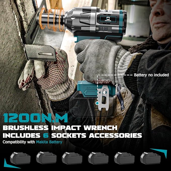 Cordless Impact Wrench 1/2 inch for Makita Battery 900FT-LBS with 6 Sockets and Durable Toolbox Brushless Impact Gun Includes LED Work Light - High Torque Impact Driver, No Battery