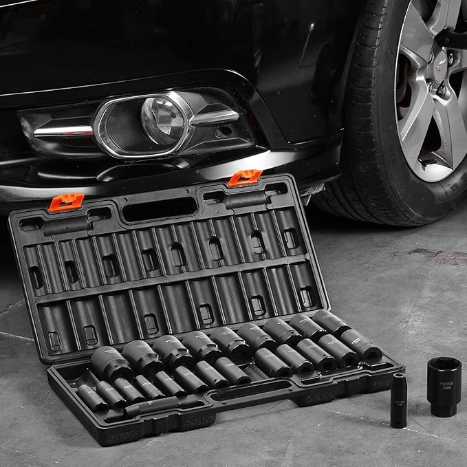 VEVOR Impact Socket Set 1/2 Inches 26 Piece Deep Sockets, , 6-Point , Rugged Construction, Cr-V, 1/2 Inches Drive Socket Set Impact Metric 10mm - 36mm, with a Storage Cage