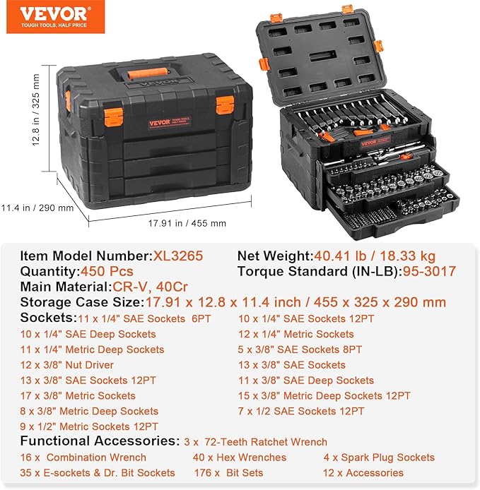 VEVOR Mechanics Tool Set and Socket Set, 1/4" 3/8" 1/2" Drive Deep and Standard Sockets, 450 Pcs SAE and Metric Mechanic Tool Kit with Bits, Hex Wrenches, Combination Wrench, Accessories, Storage Case