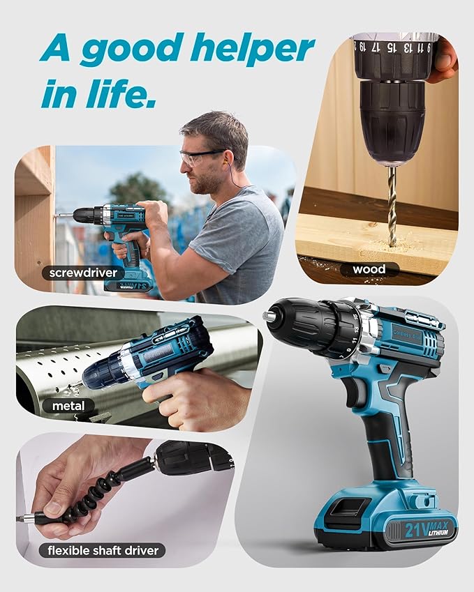 Cordless Drill Set, KELNOW 21V PowerDrill with Power Pack and Charger, 3/8-Inch Keyless Chuck ElectricDrill, 25+1 Position, 2 Speed, 27pcs Drilldriver Bits Tool Drills for DIY Projects
