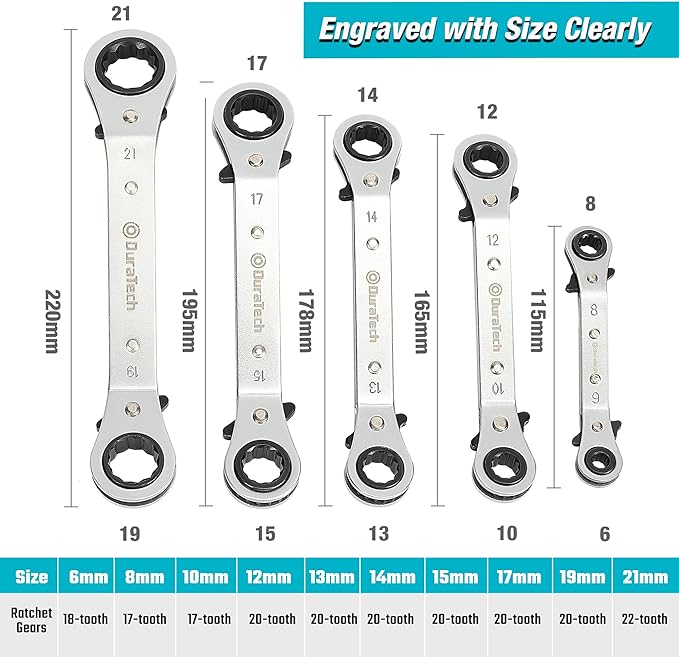DURATECH 5 Pc Double Offset Box End Reversible Ratcheting Wrench Set Metric, Heavy-duty, Matte Chrome Plated, Ratchet Spanner Crooked for Narrow Spaces (6x8 mm, 10x12 mm, 13x14 mm, 15x17 mm, 19x21 mm)