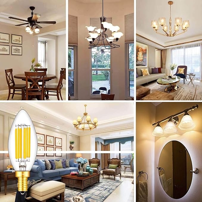 CRLight 6W 3000K Dimmable LED Candelabra Bulb Soft White, 80W Equivalent 800LM, E12 LED Light Bulbs, B11 Candle Clear Glass Decorative Chandelier Bulbs, Smooth Dimming Version, 8 Pack