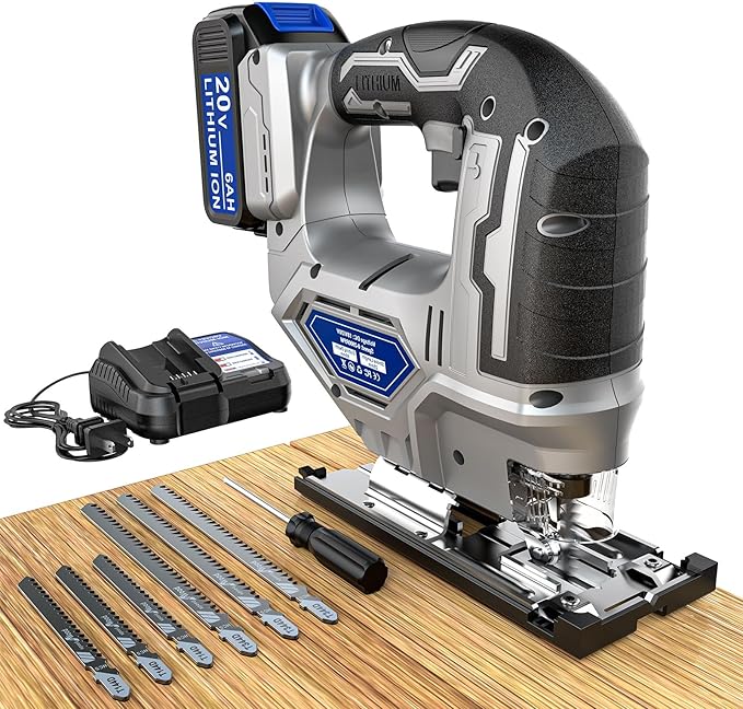 Jigsaw Compatible With Dewalt 20v Max Battery, Cordless jig saw Brushless Motor, 0°- 45° Bevel Cuts, LED Light with 3 Position Orbital Setting for Cutting (With 5Ah Battery & Charger Station Kit)