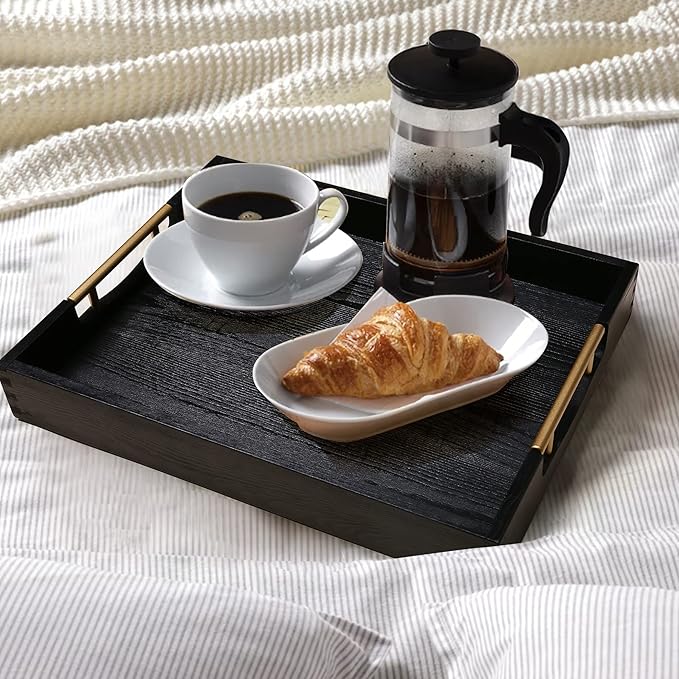 LotFancy Wood Serving Tray, 17x13”, Large Ottoman Tray with Metal Handles, Decorative Wooden Tray for Living Room, Ottoman, Coffee Table, 2 Skidproof Coasters Included, Black