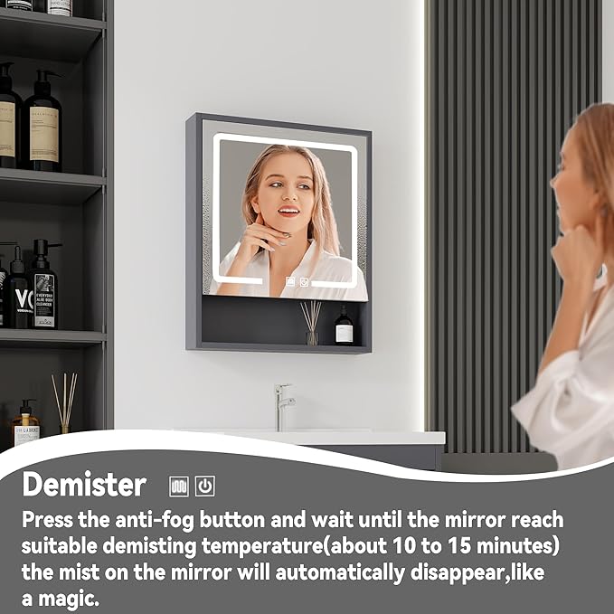 24'' Bathroom Vanity with Ceramic Sink Combo and Medicine Cabinet Mirror with Led Light/Defog, Wall Mounted Small Bathroom Vanity with Soft-Close Door Modern Floating Cabinet, Gray(No Faucet)