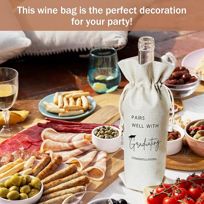 Graduation Wine Gift Bags & Card, Graduation Gifts for Him Her Son Daughter College, Pairs Well With Graduating, 1 pcs Reusable Burlap Wine Gift Bags for Wine Bottles, Graduation Party Decor Favor -25