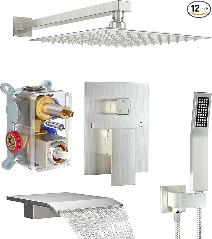 Shower System with Tub Spout, Wall Mounted Shower Faucet Set for Bathroom with 10 Inch Rain Shower Head and Handheld Shower Head Set, Brushed Nickel