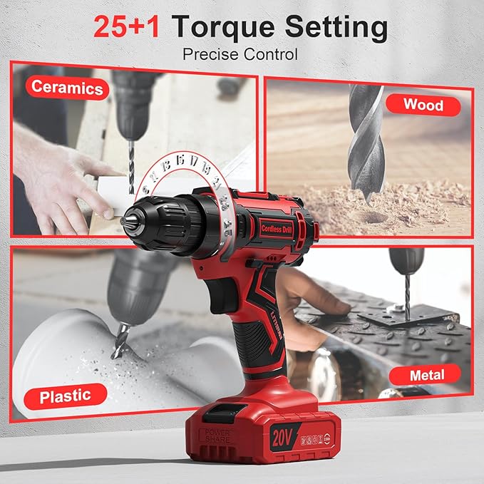 Cordless Drill Set, 20V Power Drill with Power Pack 2.0Ah and Charger, 3/8-Inch Keyless Chuck Electricdrill, 25+1 Torque, 42pcs Drilldriver Bits/Screws for DIY Projects (Red)