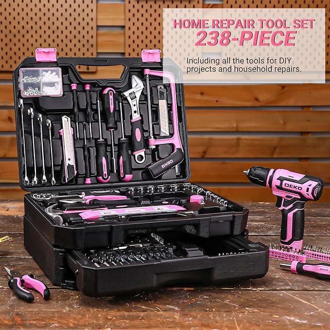 Pink Tool Kit Box Drill Set:DEKOPRO Home Mechanic Toolbox with 12V Power Cordless Drill Hand Repair Tools Sets Combo Kits Storage Organizer Drawer Case for Men & Women