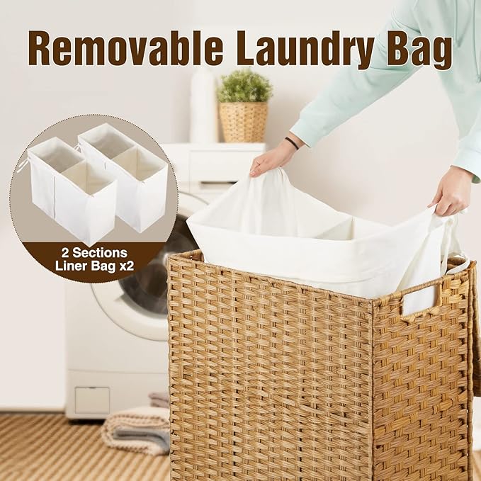 Greenstell Laundry Hamper No Install Needed, Divided Clothes Hamper with 2 Removable Liner Bags, 90L Handwoven Synthetic Rattan Laundry Basket with Lid and Handles, Foldable Natural