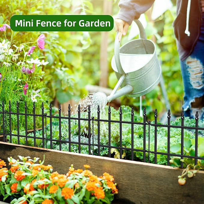 Decorative Metal Garden Fence 11in H x 12ft L, Small Border Fence Roman Column Deco, Garden Fencing for Flower Bed Lawn Landscape Outdoor, 10 Panels + 11 Stakes Black