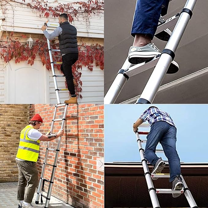 Telescoping Ladder, 12.5 FT Aluminum Lightweight Extension Ladder with 2 Stable Hooks, 2 Triangle Stabilizers & Non-Slip Feet, Heavy Duty 330 Lbs Max Capacity, Ideal for Home, RV & Outdoor Work
