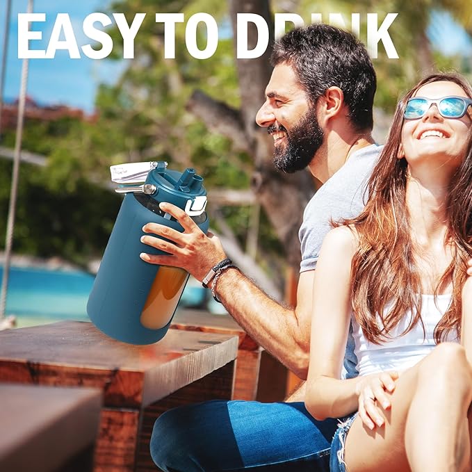 84oz Glass Water Bottle with Stainless Steel Handle,2.5L Gallon Water Bottle With 2-IN-1 Straw Lid, Silicone Sleeve and Motivational Capacity Marker, Wide Mouth Water Jug For Gym, Dark Blue