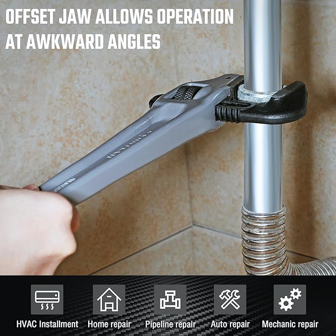 DURATECH 18-inch Heavy Duty Aluminum Offset Pipe Wrench, 2-1/2 ” Jaw Capacity, Adjustable Plumbing Wrench, Drop Forged, Exceed GGG standard