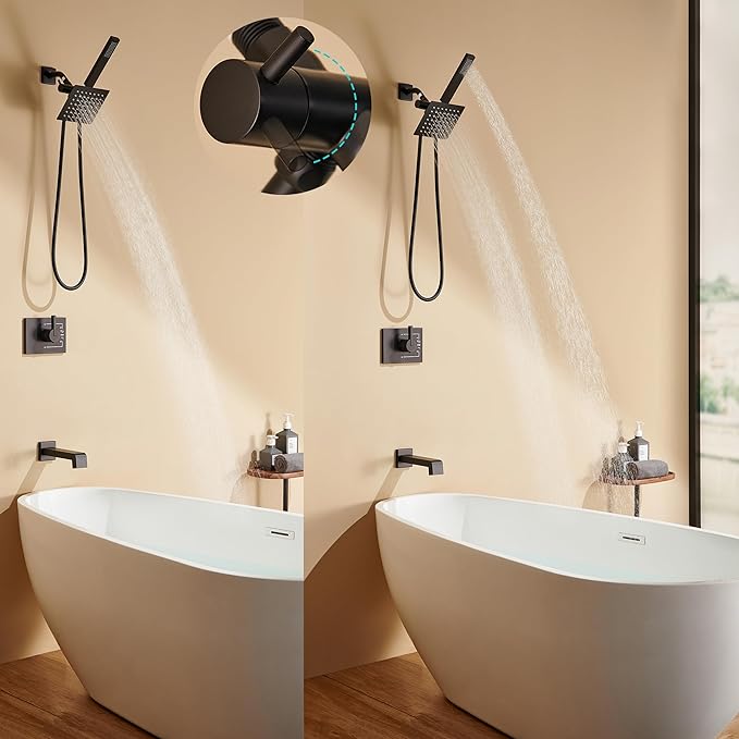 Shower Faucet Set, Shower Heads with Handheld Spray Combo and Tub Spout, All Metal Shower Head Combo and 3-Way Diverter,Black Shower Head and Handle Set