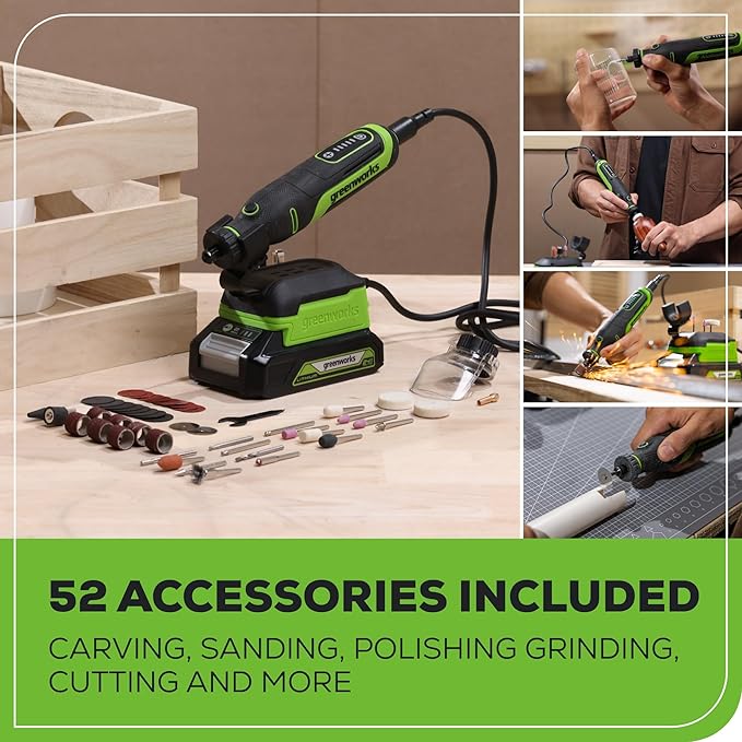 Greenworks 24V Cordless Rotary Tool, Brushless Motor, 180W, 5-Speed, 35,000 RPM, 52 Accessories for Cutting, Sanding, Engraving, Carving, Drilling and Polishing