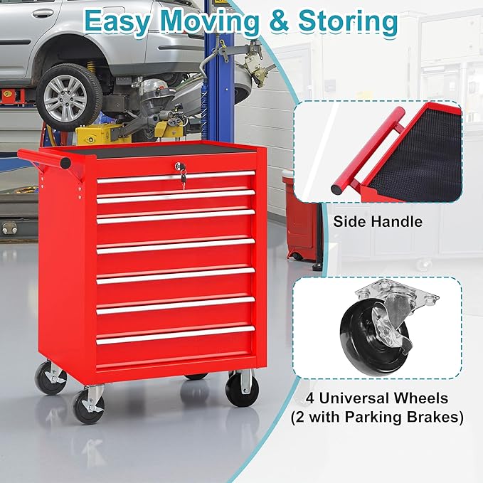 Tool Chest 7 Drawers Garage Storage Cabinet Steel Frame Tool Chest with Wheels, Top Storage Rack, Rubber Mat, Side Handle for Garage Workshop, Red