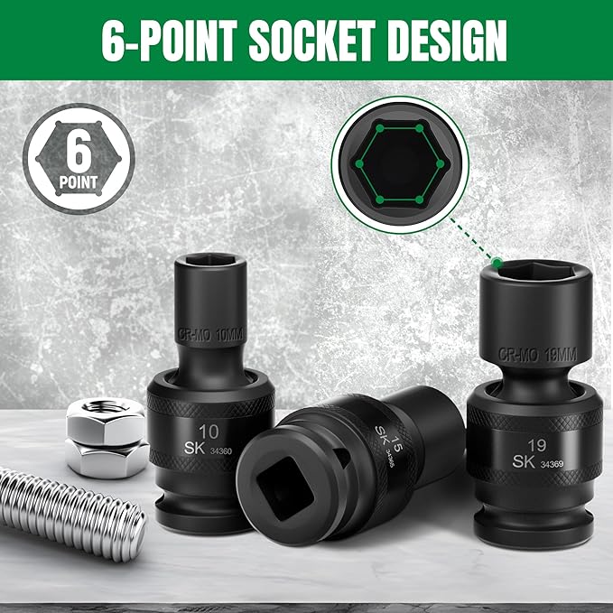 SK 1/2" Drive Universal Swivel Impact Socket Set, Metric Socket Set, 10-Piece, Premium CR-MO Steel, SureGrip 6 Point Design, with Storage Case