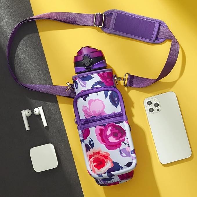 Fimibuke 32 oz Water Bottle with Sleeve - BPA Free Leakproof Sport Large 1L Plastic Motivational Water Bottle with Straw Strap & Insulated Neoprene Holder Carrier Bag Great Xmas Gift for Women Men