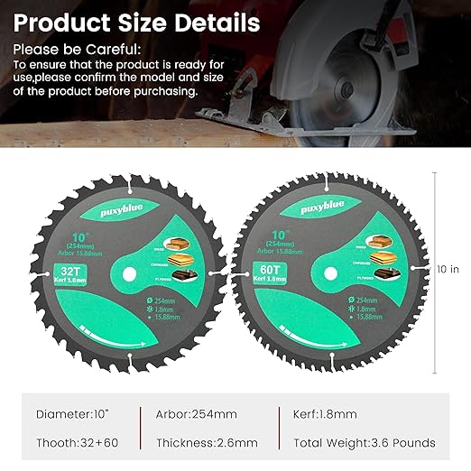 Puxyblue 2 Pack 10 Inch 32&60T Circular Saw Blade with 5/8" Arbor, TCT Trim Saw Blade for Wood, Plastic and Composite Materials