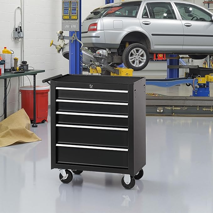 Tool Chest 5 Drawers Garage Storage Steel Frame Tool Chest with Wheels, Top Storage Rack, Rubber Mat, Side Handle for Warehouses and Workshop, Black