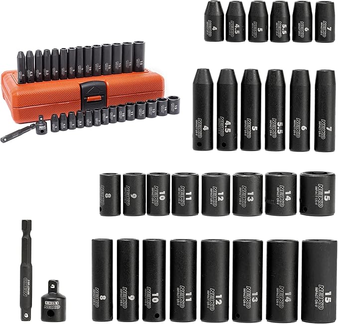 NEIKO 02481A 1/4" Drive Impact Socket Set, 30 Piece, Metric Sizes 4 – 15 MM, Deep and Shallow Sockets, Chrome Vanadium Steel, 3/8” to 1/4” Reducer, Hex Shank Socket Impact Adapter, Socket Wrench Set