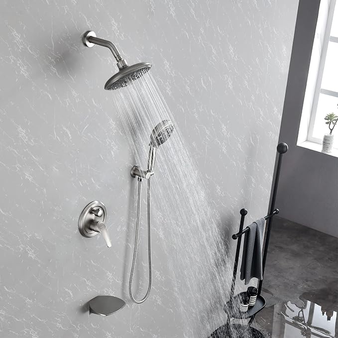 SHAMANDA Luxury Tub Shower Faucet Set with Round-in Valve, Wall Mounted Shower System with Waterfall Tub Spout and 6-Setting Rain Shower Head with 9-Setting Handheld, Brushed Nickel, L8083-2
