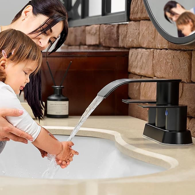 Waterfall Bathroom Sink Faucet 4 Inch Faucet 2 Handle Lead-Free Black, Bathroom Faucet with Water Supply Lines Pop Up Drain, 2 or 3 Holes Bathroom Basin Lavatory Mixer Tap with Deck Mount Plate