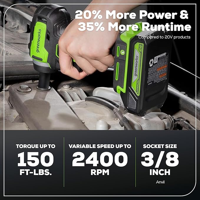 Greenworks 24V 3/8" Brushless Cordless Impact Wrench, 3/8 Inch, 150 ft.-lbs Torque, Lightweight and Compact, with 2.0Ah Battery and Charger, PA147K