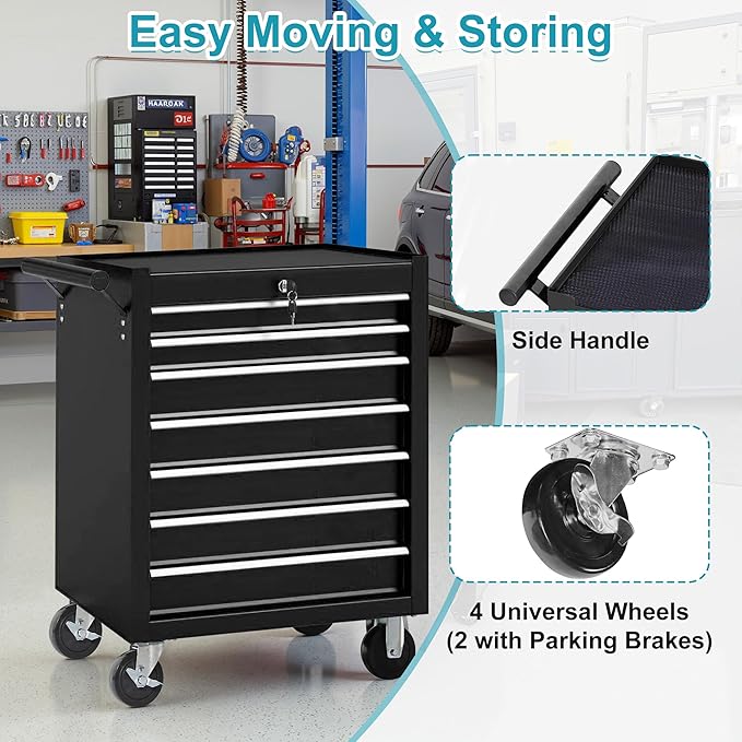 Tool Chest 7 Drawers Garage Storage Cabinet Steel Frame Tool Chest with Wheels, Top Storage Rack, Rubber Mat, Side Handle for Garage Workshop, Black