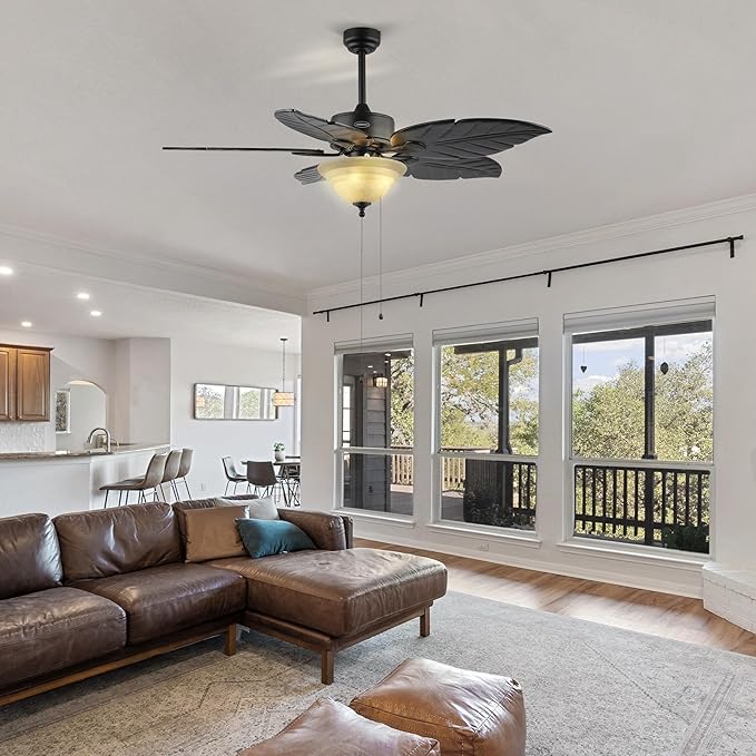 JONATHAN Y JYL9720A Poinciana 52" 3-Light Coastal Bohemian Iron/Wood Palm Leaf LED Ceiling Fan with Pull Chain Rustic, Eclectic, Transitional, Office, Living Room, Dining Room, Bedroom, Black