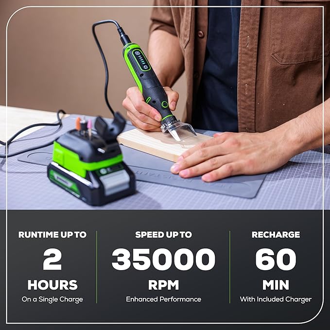 Greenworks 24V Cordless Rotary Tool Kit, Brushless motor, 5-Speed, 35,000 RPM, 52 Accessories for Cutting, Sanding, Engraving, Carving, Drilling and Polishing