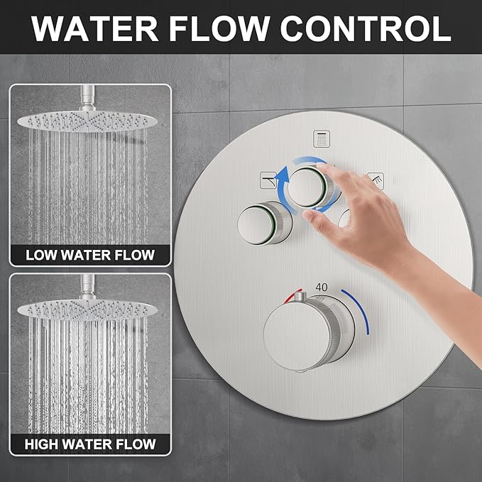 KOJOX Brushed Nickel Thermostatic Shower System, Push Button Diverter Shower Faucet Set with 12" Ceiling Mount Rain Shower, 8" Wall Mount Shower Head, and 3-in-1 Handheld Spray