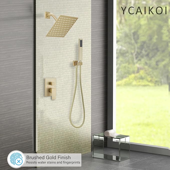 Brushed Gold Shower System, 8 Inch High Pressure Rain Shower with Handheld, Wall Mount Shower Faucet Set for Bathroom, Rough-in Valve Body and Trim Included