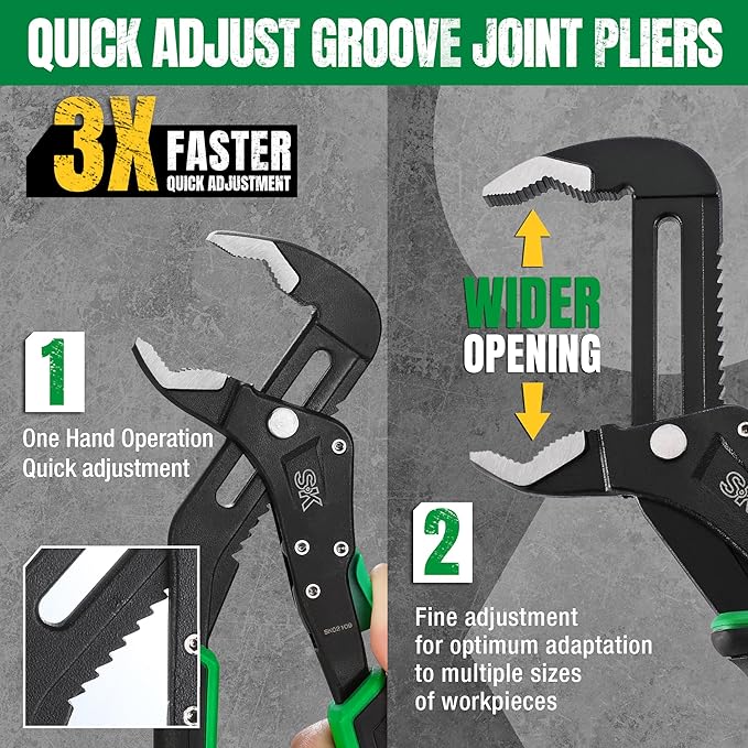 SK 8-Inch Quick Adjust Groove Joint Pliers, Water Pump Pliers, Premium CR-V Construction, SureGrip V-Jaw Design with Comfortable Grips