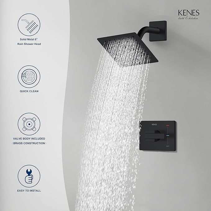 KENES Matte Black Shower Faucet, Shower Trim Kit with Single-Spray Stainless Black Rain Shower Head, Shower Trim Systems Wall Mount, KE-6025B-2 (Shower Valve Included)