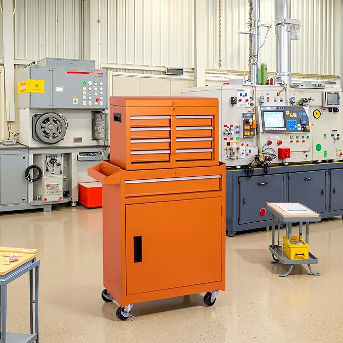 Tool Chest 5 Drawers Garage Storage Cabinet 2 in 1 Steel Frame Tool Chest with Wheels, Protective Liner, Detachable Top and Adjustable Shelf, Tool Box for Garage Workshop, Orange