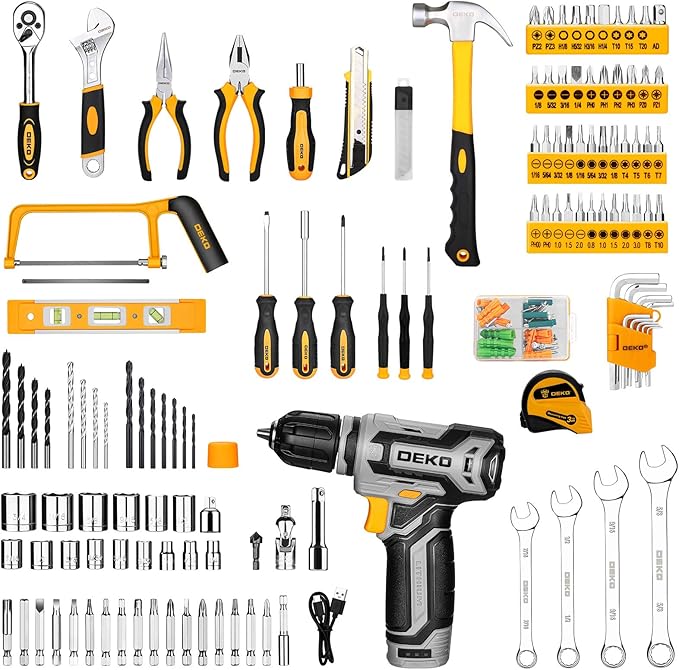 Tool Kit Box Drill Set:DEKOPRO Home Mechanic Toolbox with 12V Power Cordless Drill Hand Repair Tools Sets Combo Kits Storage Organizer Drawer Case for Men