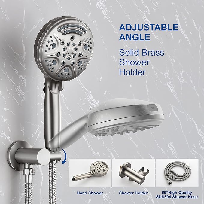 SHAMANDA Luxury Tub Shower Faucet Set with Round-in Valve, Wall Mounted Shower System with Waterfall Tub Spout and 6-Setting Rain Shower Head with 9-Setting Handheld, Brushed Nickel, L8083-2