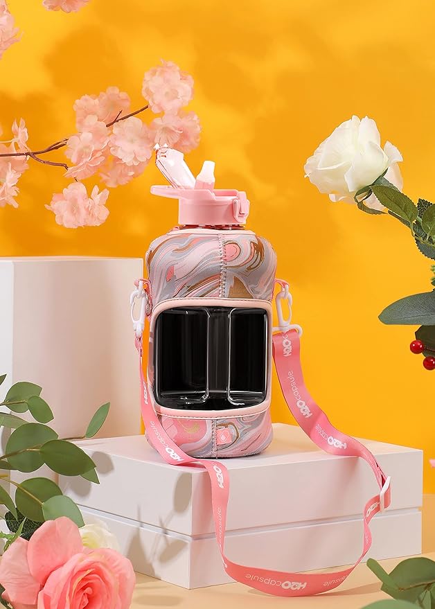 H2O Capsule 2.2L Half Gallon Water Bottle with Storage Sleeve and Removable Straw – BPA Free Large Reusable Drink Container with Handle - Big Sports Jug, 2.2 Liter (74 Ounce), Pink Marble