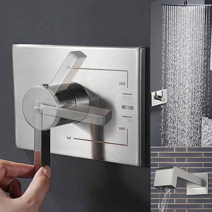 Rain Shower System with Waterfall Tub Spout 2 Function Brushed Nickel Shower Faucet Set Contain 12 Inch Shower Head and Tub Spout Trim Kit (Valve Included)