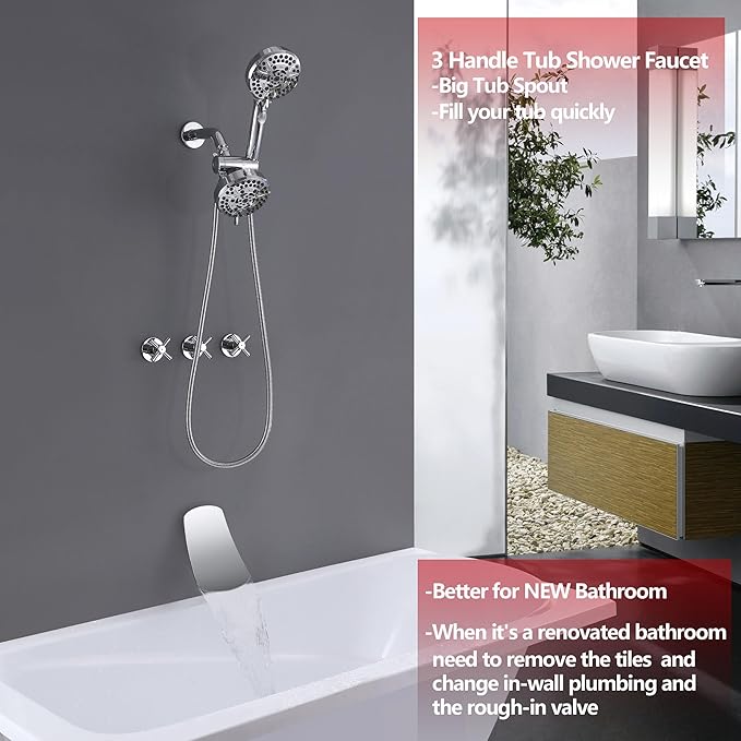 3 Handle Tub Shower Faucet Bathtub Faucet Set with Waterfall Tub Spout, Rough-in Valve Included Chrome