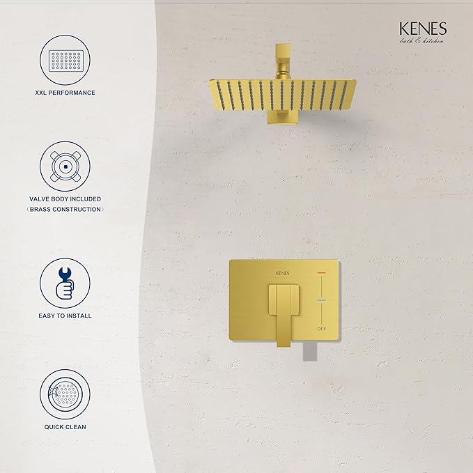 KENES Brushed Gold Shower Faucet, Modern Square Shower Trim Kit with Single-Spray Gold Shower Head, Wall Mount, KE-6024B-4 (Including Shower Valve)