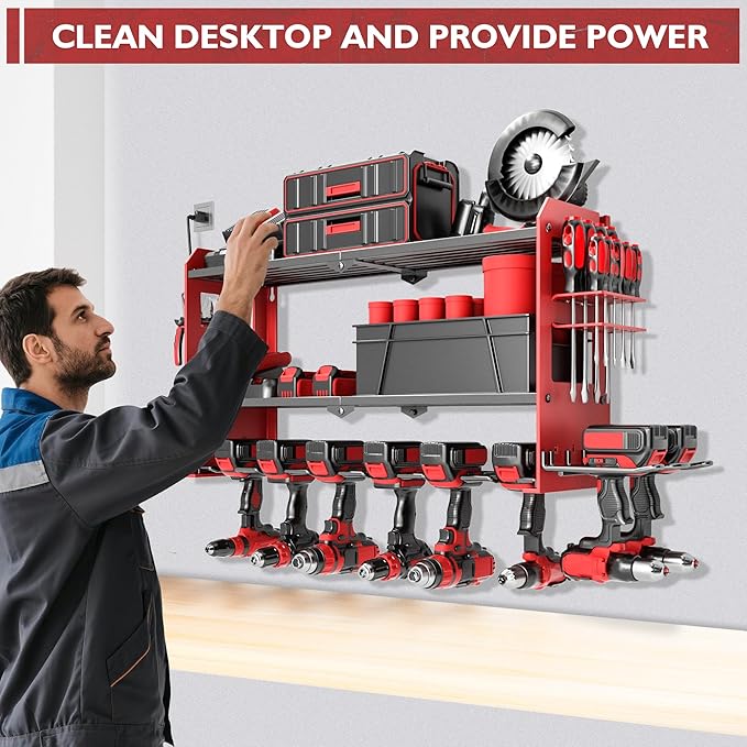 Power Tool Organizer Wall Mount with Charging Station, Cordless Drill and Battery Holder Shelf for Garage Organization,Heavy Duty Metal Tool Rack Storage, Load 300lbs, Built in 5 Outlet Power Strip