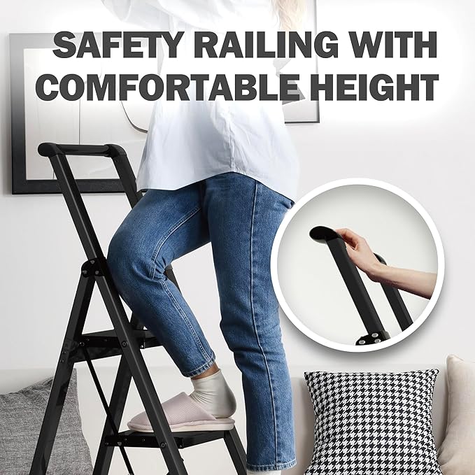 Taranta 5 Step Ladder, Liahtweight Aluminum Laddewith Handgrip, Portable Folding Stepladder with Anti-SlipPedal for Home, Ofice, Kitchen 300lbs - Black