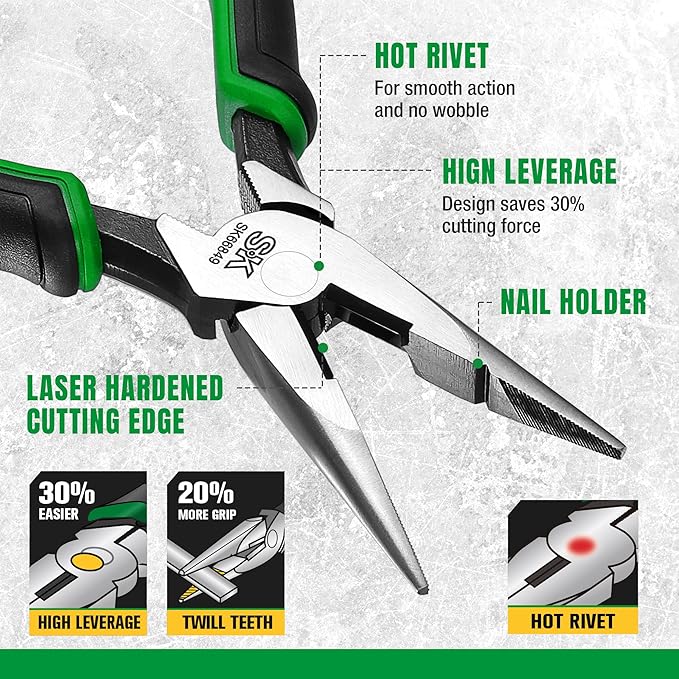 SK 8-Inch Long Nose Pliers, Needle Nose Pliers, Premium CR-V Steel Construction, Ergonomic Anti-slip Handle for Comfortable Grip
