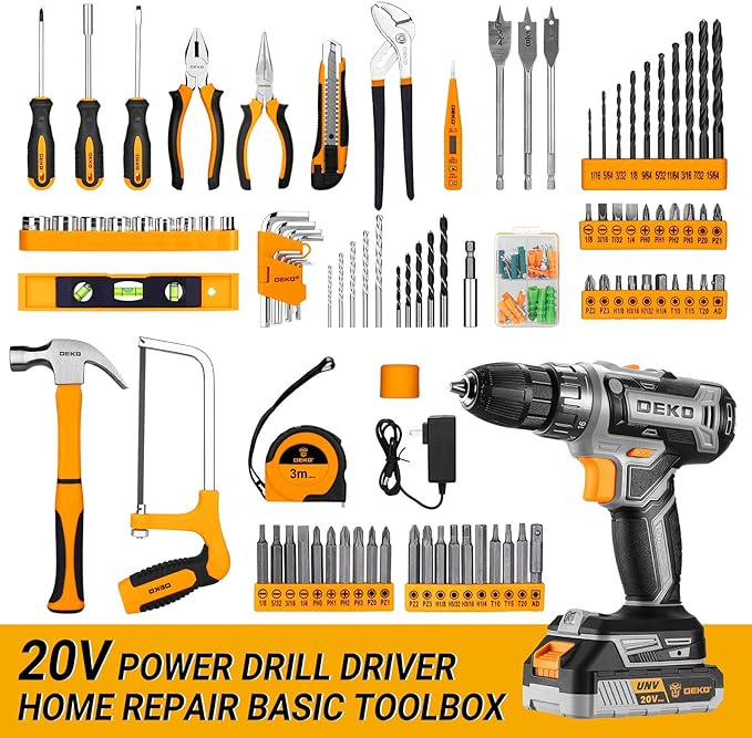 Cordless Drill Tool Kit Set: 20V Power Drill Tool Box with Battery Electric Drill Driver for Men Home Hand Repair Basic Toolbox Tools Sets Drills Case
