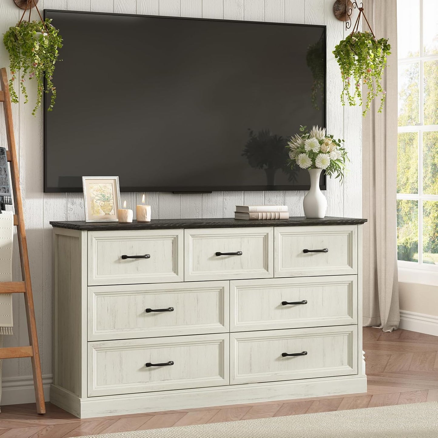 Farmhouse 7 Drawer Dresser for Bedroom, 55 Inch Wide Modern White Dresser TV Stand with Large Drawers & Bar Handles, Rustic Wood Chest of Drawers for Bedroom, Living Room, Hallway, Entryway.