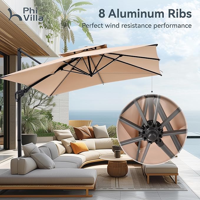 PHI VILLA 10ft Patio Cantilever Umbrella, 360° Rotation & Infinite Tilt Aluminum Square Double Top Outdoor Offset Umbrella, Heavy Duty for Garden Poolside Backyard, Beige (No Base)